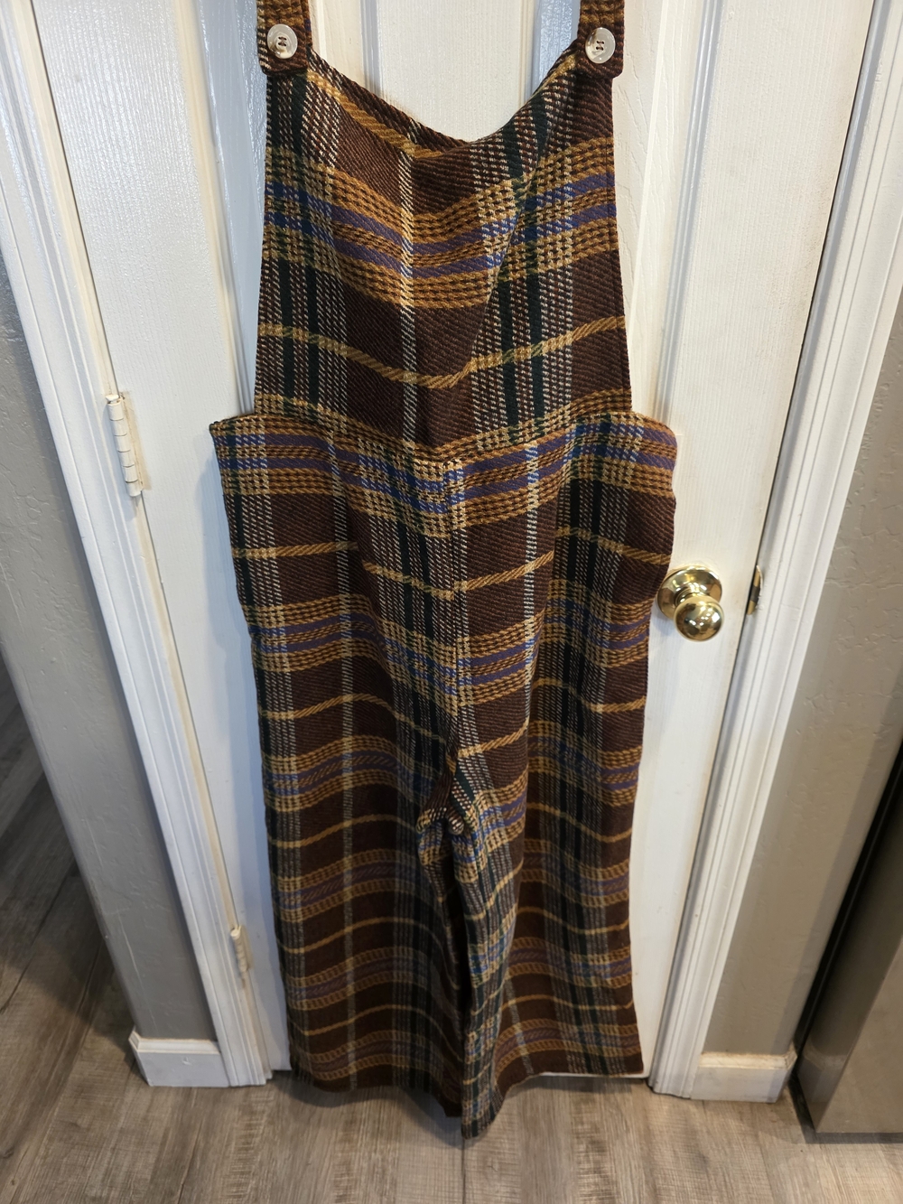 Cider Brown Plaid Cropped Overall Jumpsuit with Blue & Gold Accents - Picture 2 of 7